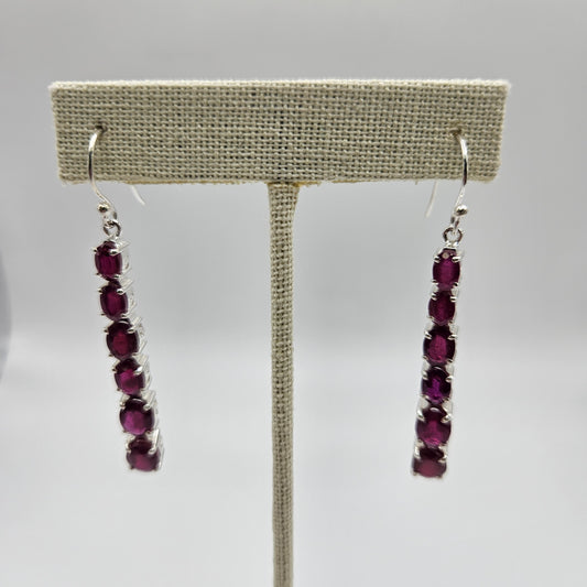 Ruby Six Stone Sterling Silver Faceted Dangle Earrings.