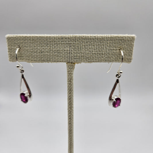 Ruby Sterling Silver Long Teardrop Faceted Dangle Earrings.