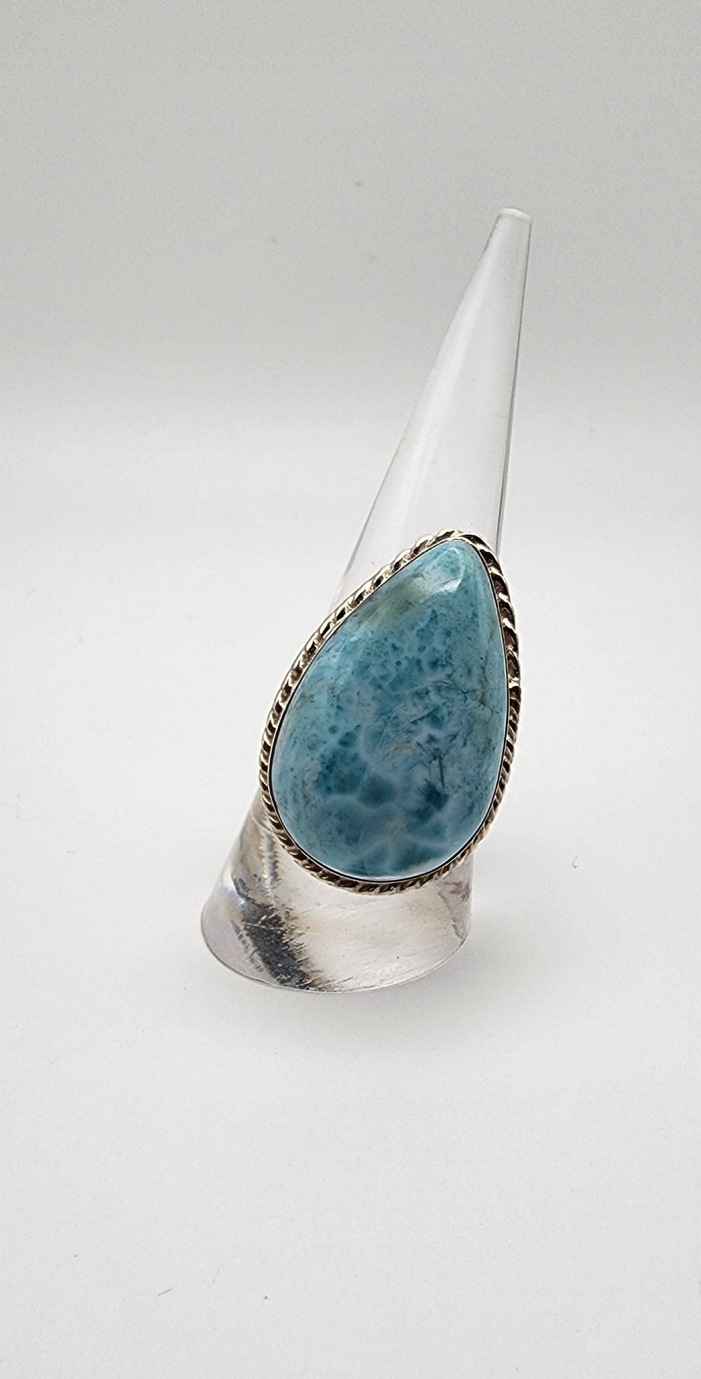 Sterling Silver Large Teardrop Larimar Ring.
