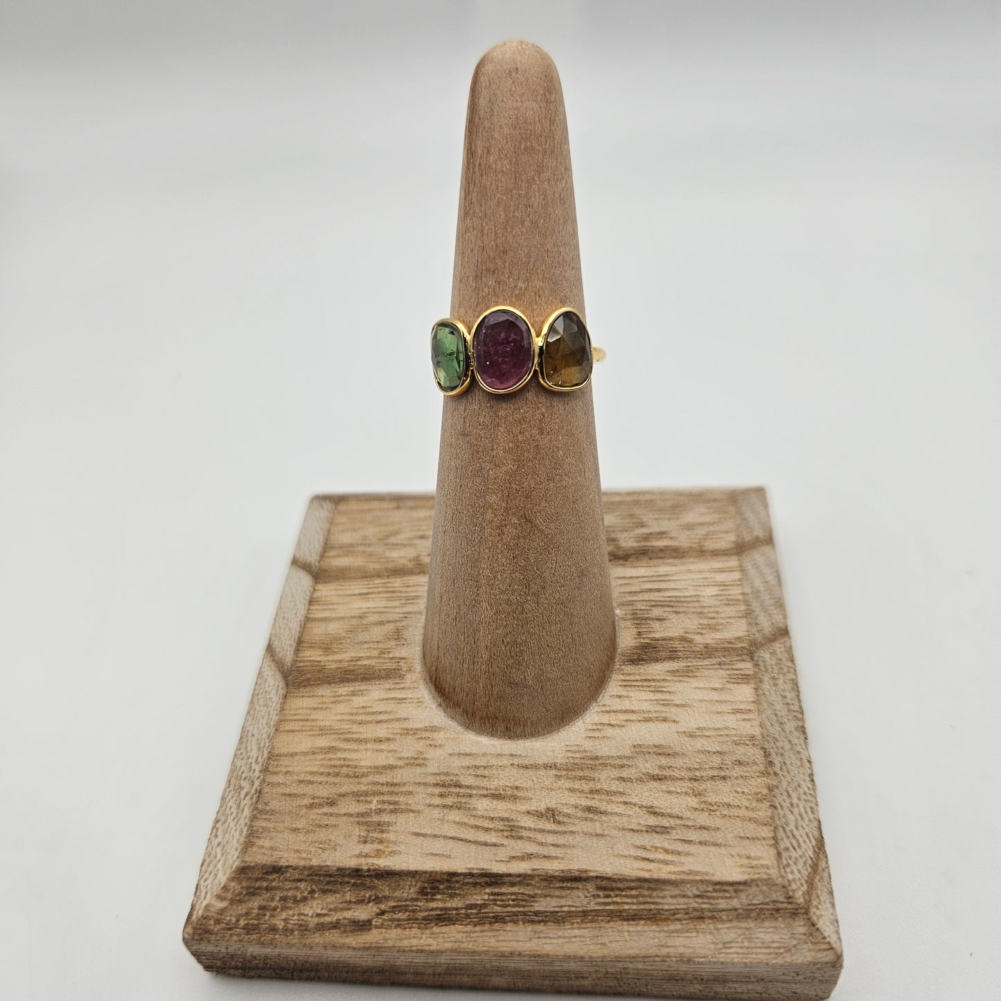 Sterling Silver 18k Gold Vermeil Faceted Multi Tourmaline 3 Stone Ring.