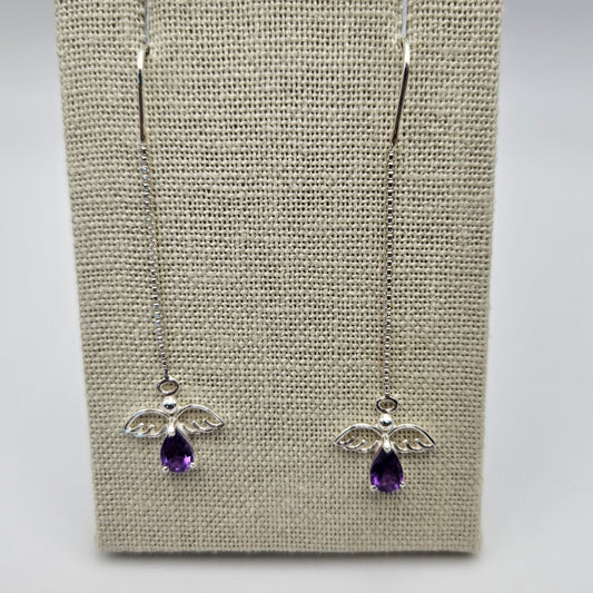 Sterling Silver Amethyst Angel Threader Earrings 2 inch.