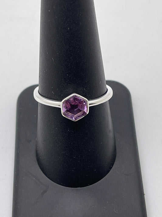 Sterling Silver Amethyst Hexagon Ring.