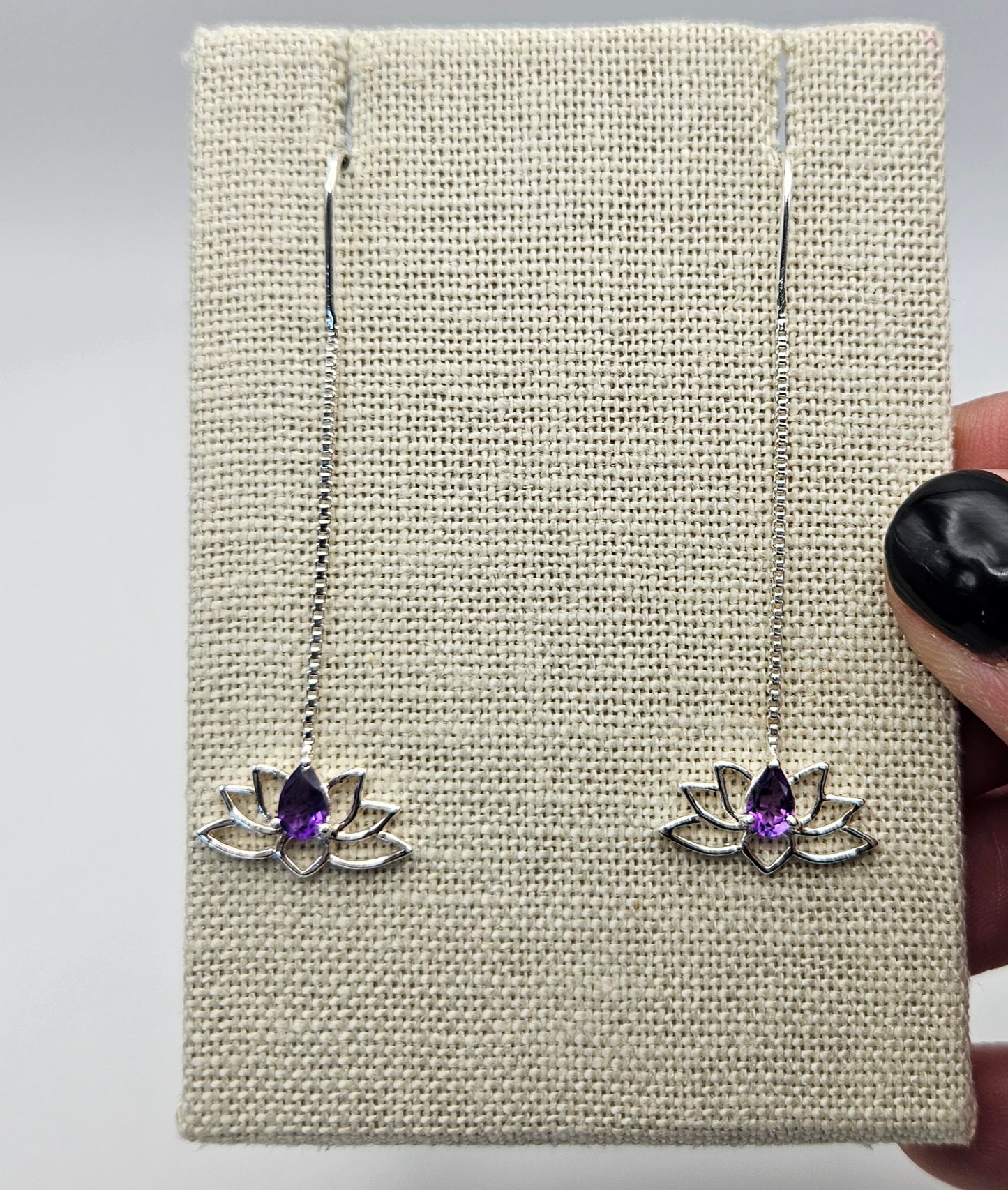 Sterling Silver Amethyst Lotus Threader Earrings 2 inch.