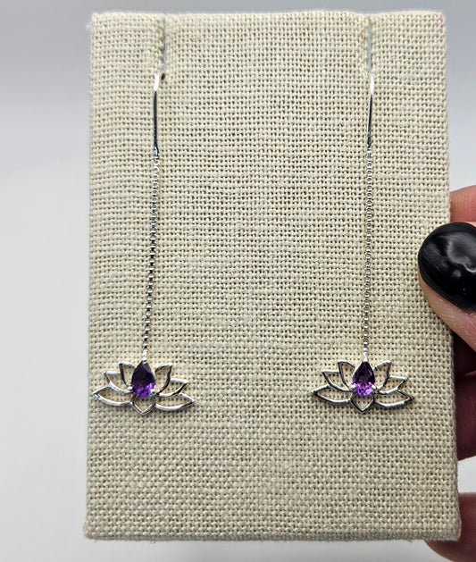 Sterling Silver Amethyst Lotus Threader Earrings 2 inch.