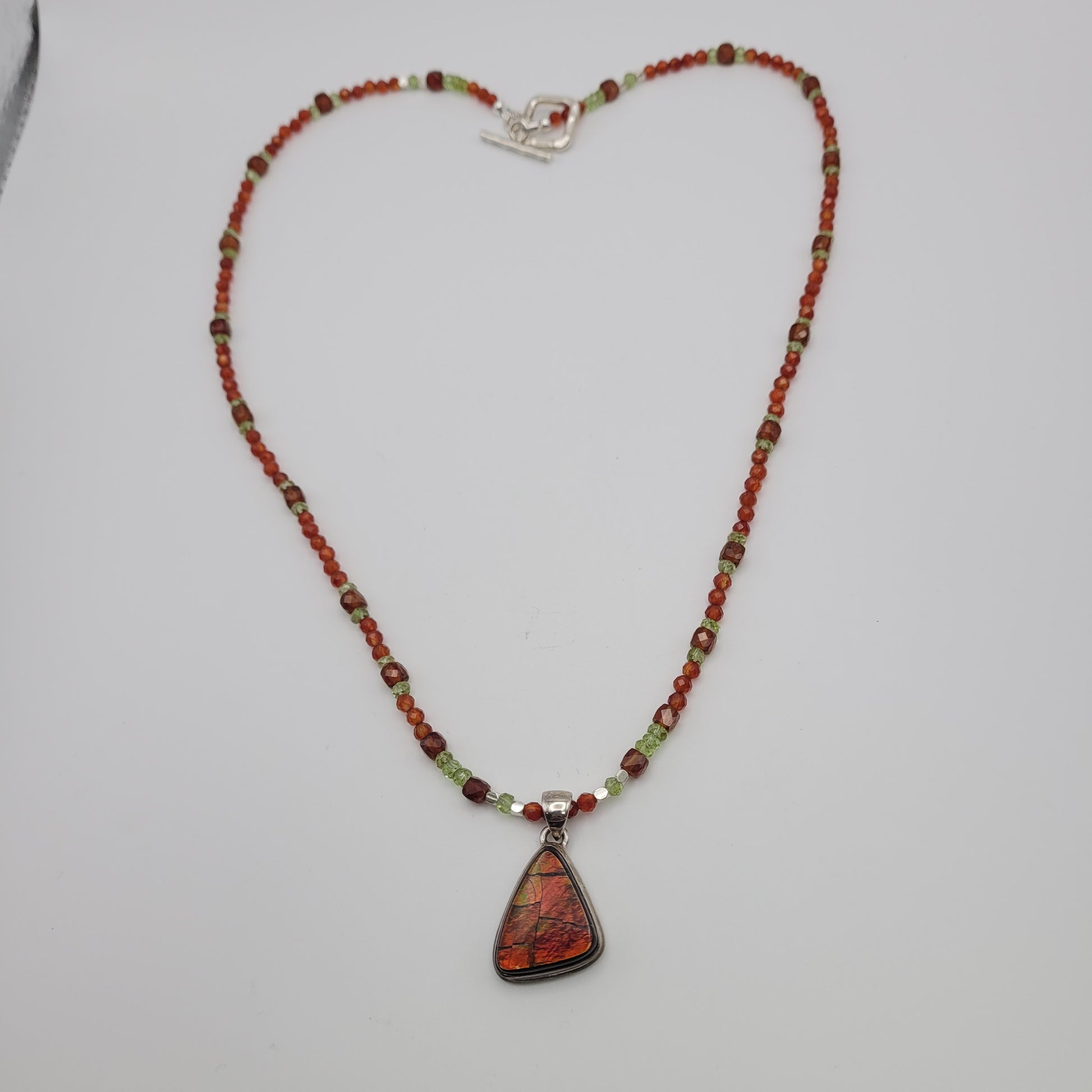 Sterling Silver Ammolite, Hessonite, Carnelian & Peridot Necklace.