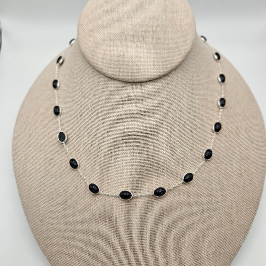 Sterling Silver Black Onyx Link Gemstone Adjustable Necklace 17.5 inch.