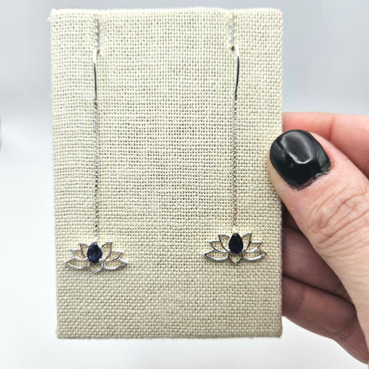 Sterling Silver Blue Sapphire Lotus Threader Earrings 2 inch.