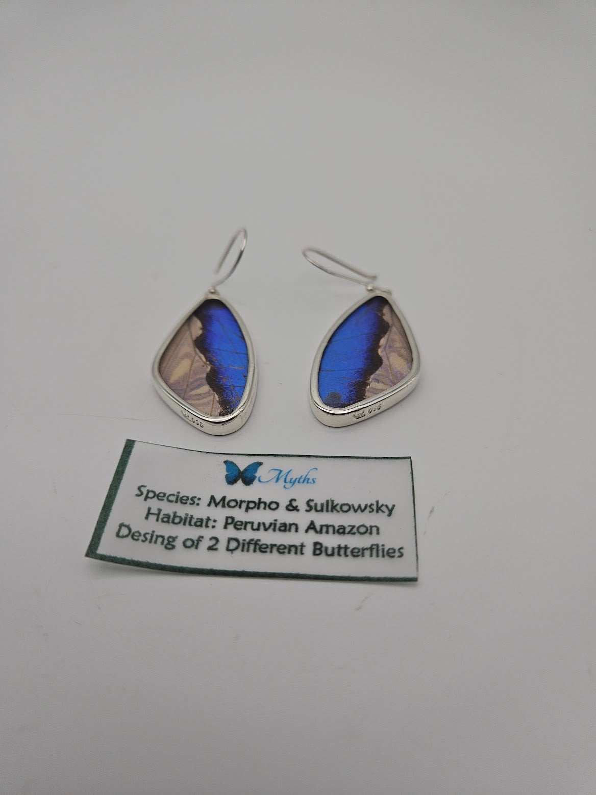 A pair of Sterling Silver Butterfly XL Tear Earrings showcases teardrop-shaped silver frames with vibrant blue butterfly wing patterns. A nearby label reads: "Species: Morpho & Sulkowsky, Habitat: Peruvian Amazon, Design of 2 Different Butterflies." These exquisite earrings embody the essence of second life jewelry.