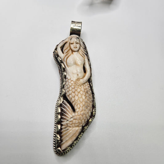 Sterling Silver Carved Buffalo Bone Mermaid Pendant.
