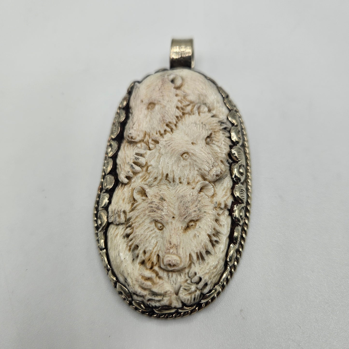 Sterling Silver Carved Ox Bone Bear Pendant.
