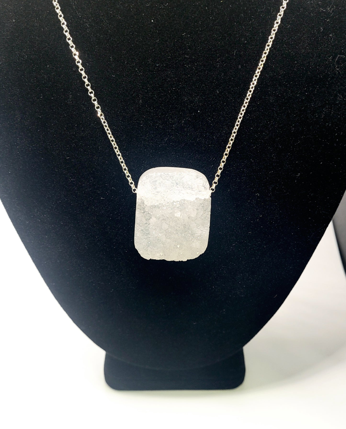 Sterling Silver Druzy Quartz Necklace With Lobster Claw Clasp.
