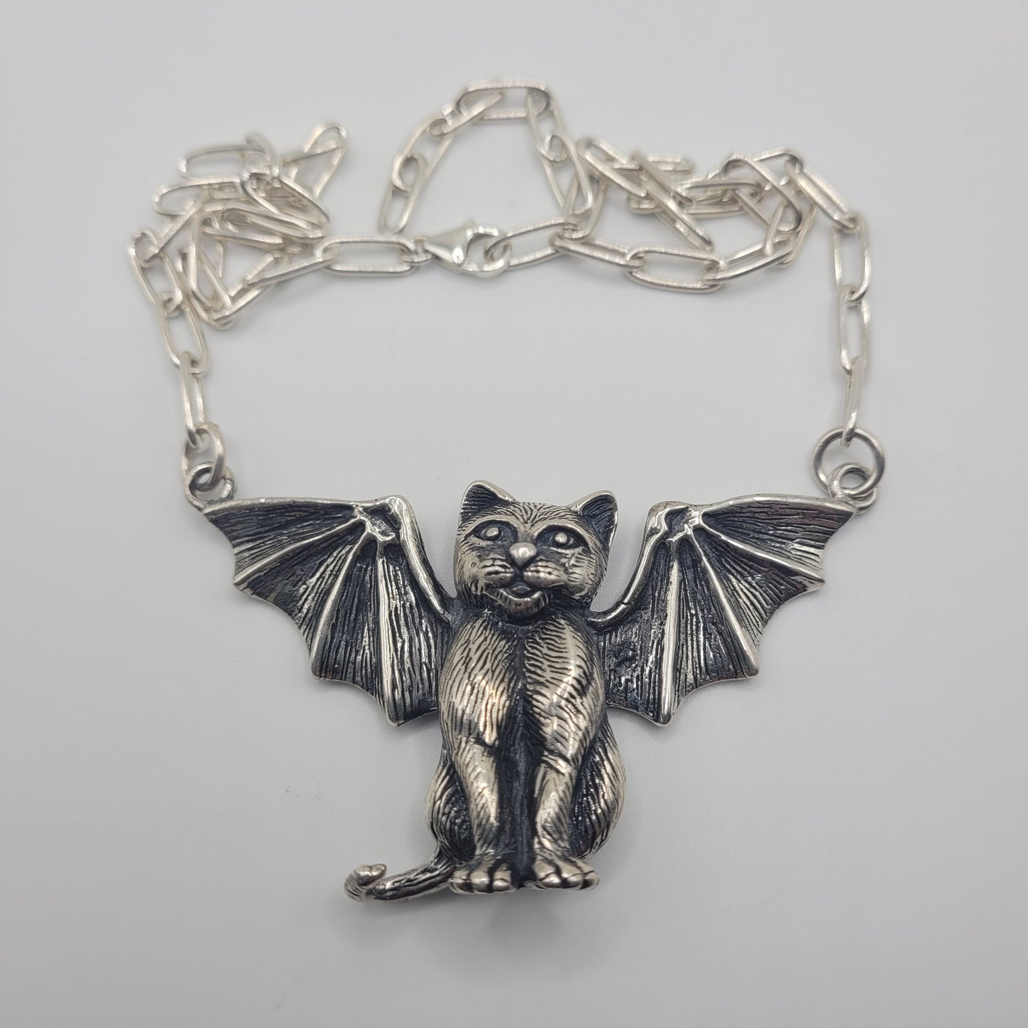 Sterling Silver Gargoyle Cat Necklace.