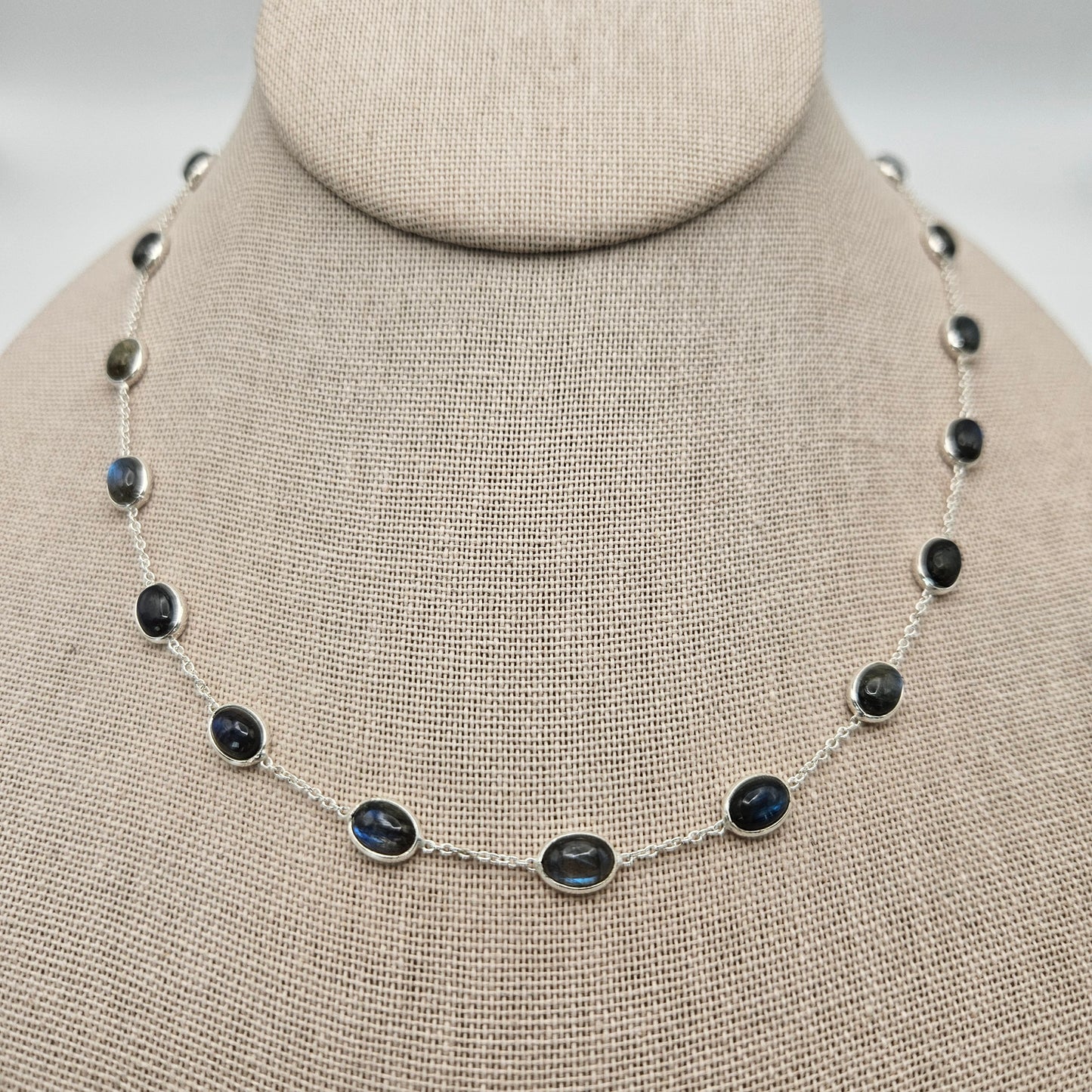 Sterling Silver Labradorite Link Gemstone Adjustable Necklace 17.5 inch.