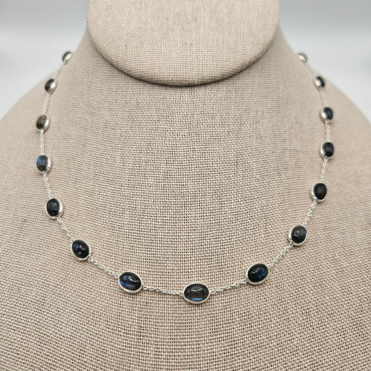 Sterling Silver Labradorite Link Gemstone Adjustable Necklace 17.5 inch.