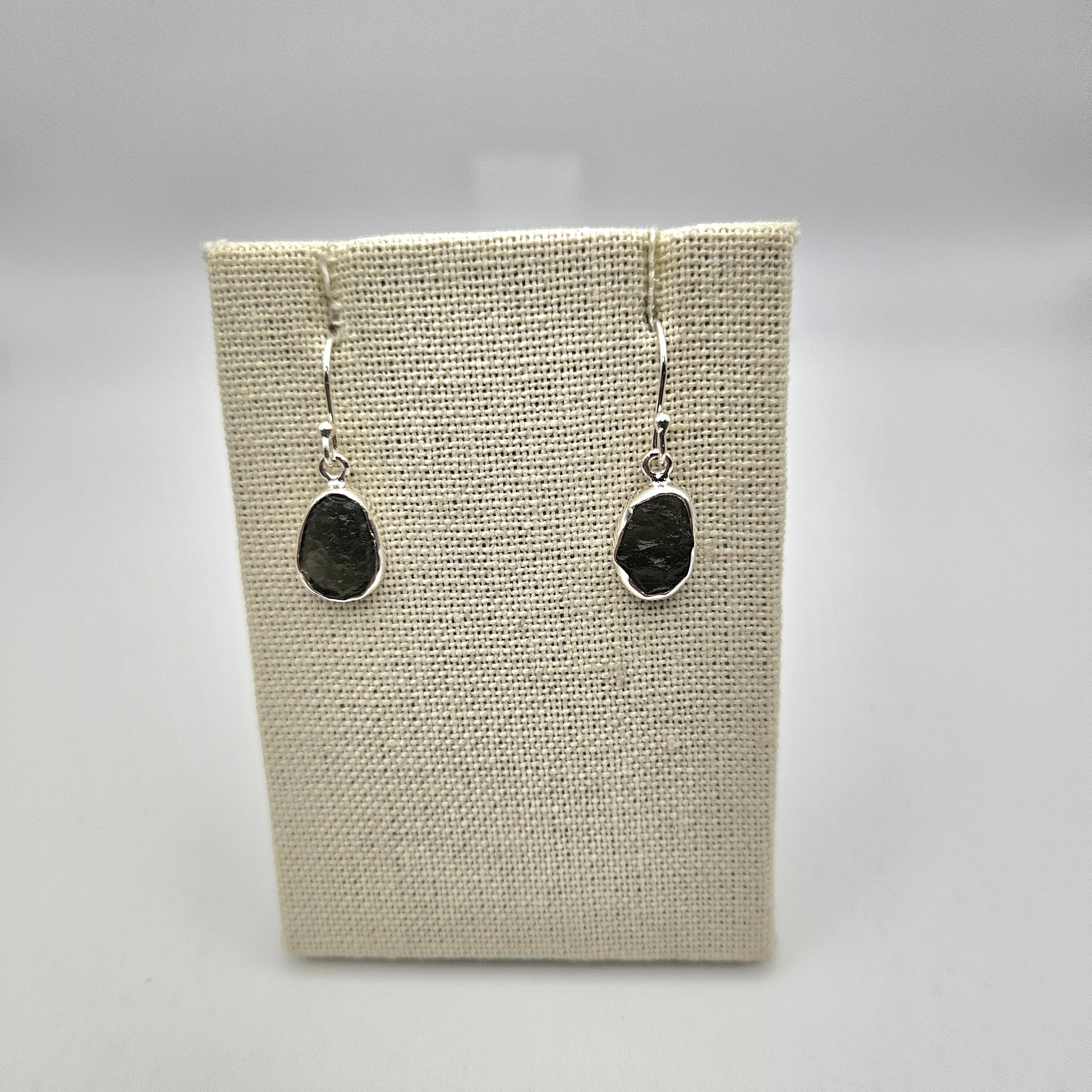 Sterling Silver Moldavite Bezel Earrings.