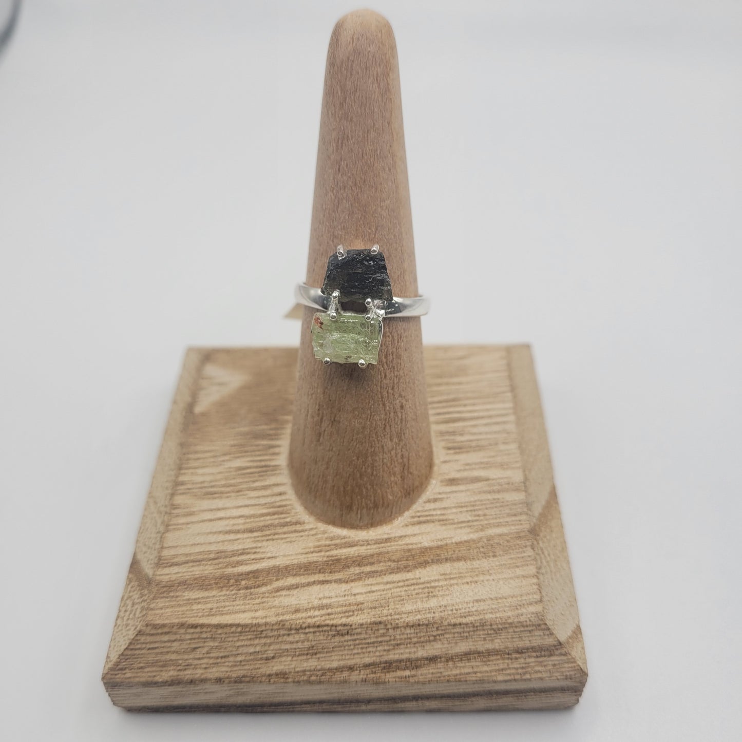 Unique Sterling Silver Moldavite Green Kyanite Ring Size 9.