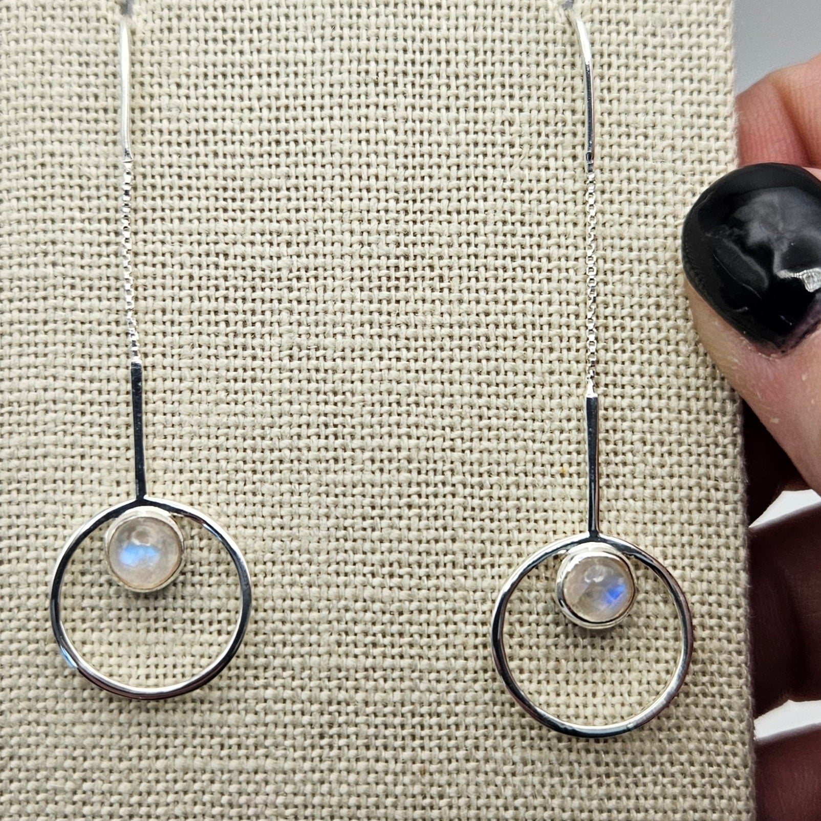 Sterling Silver Moonstone Round Threader Earrings 2 inch.