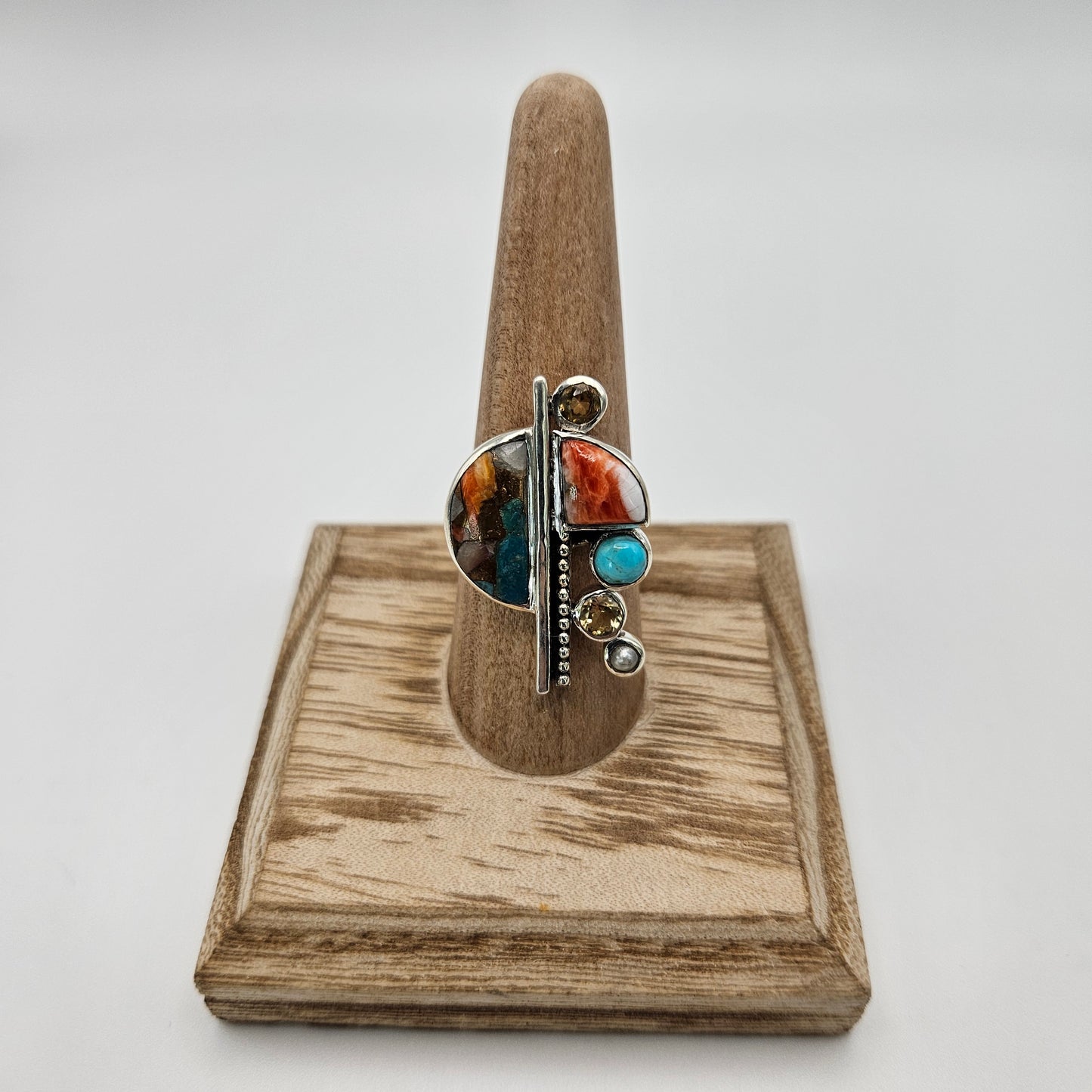Sterling Silver Mosaic Spiney Oyster Citrine Turquoise Ring Size 8.