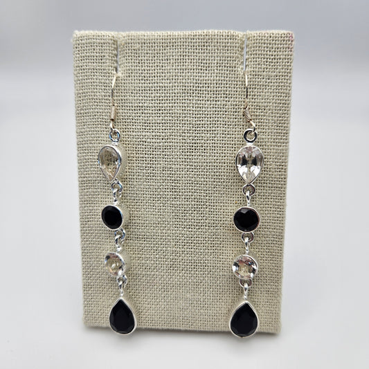 Sterling Silver Pear Shaped Clear Quartz and Black Onyx Four Stone Earrings 2.5 inch.