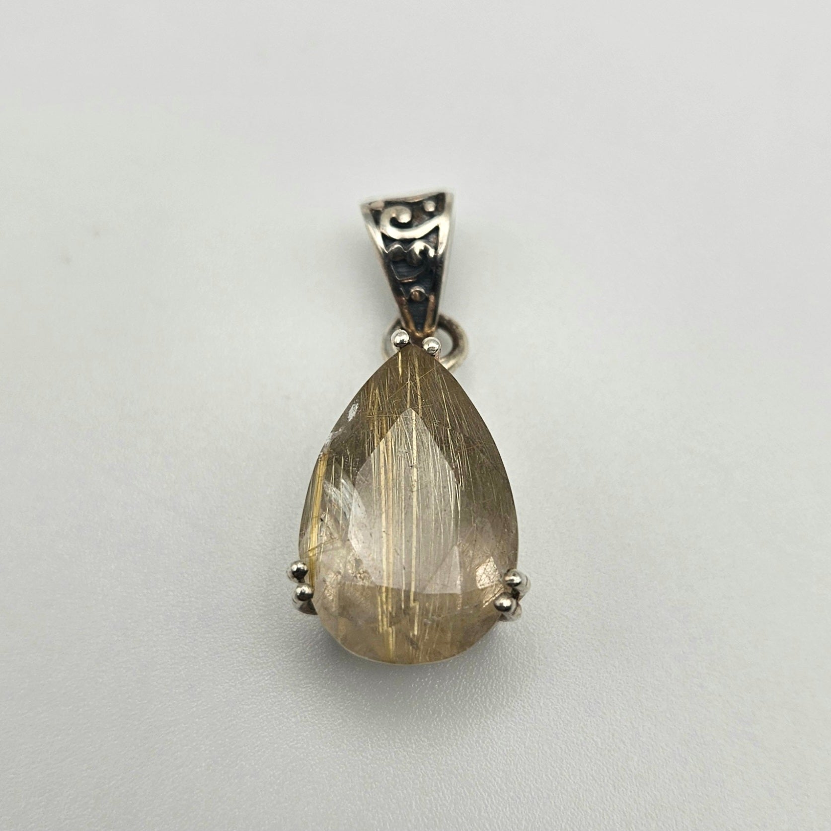 Sterling Silver Pear Shaped Gold Rutilated Quartz Pendant 1.25 inch.