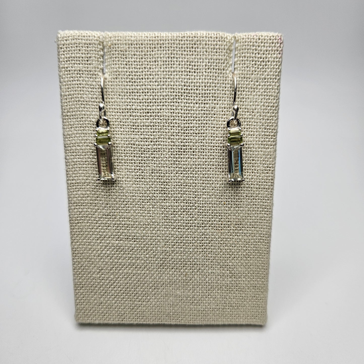 Sterling Silver Rectangular Green Amethyst Dangle Earrings 1 inch.
