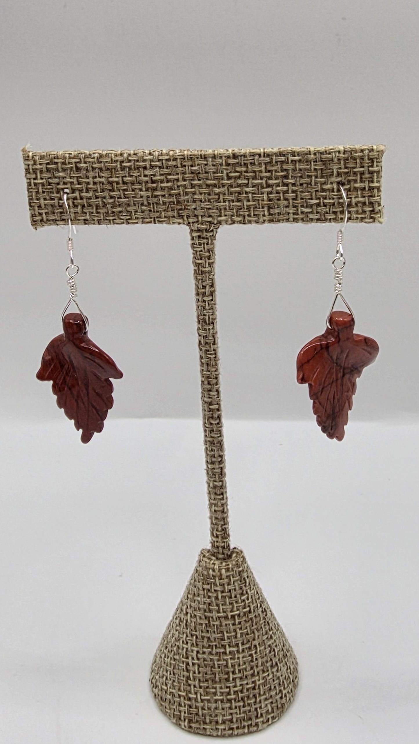 Sterling Silver Red Jasper Leaf Wire Wrap Earrings.