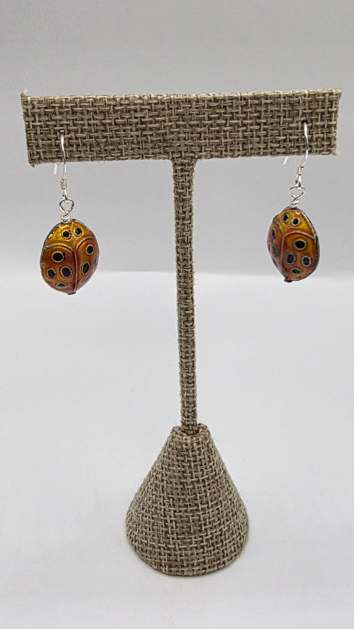 Sterling Silver Red Ladybug Wire Wrap Earrings.