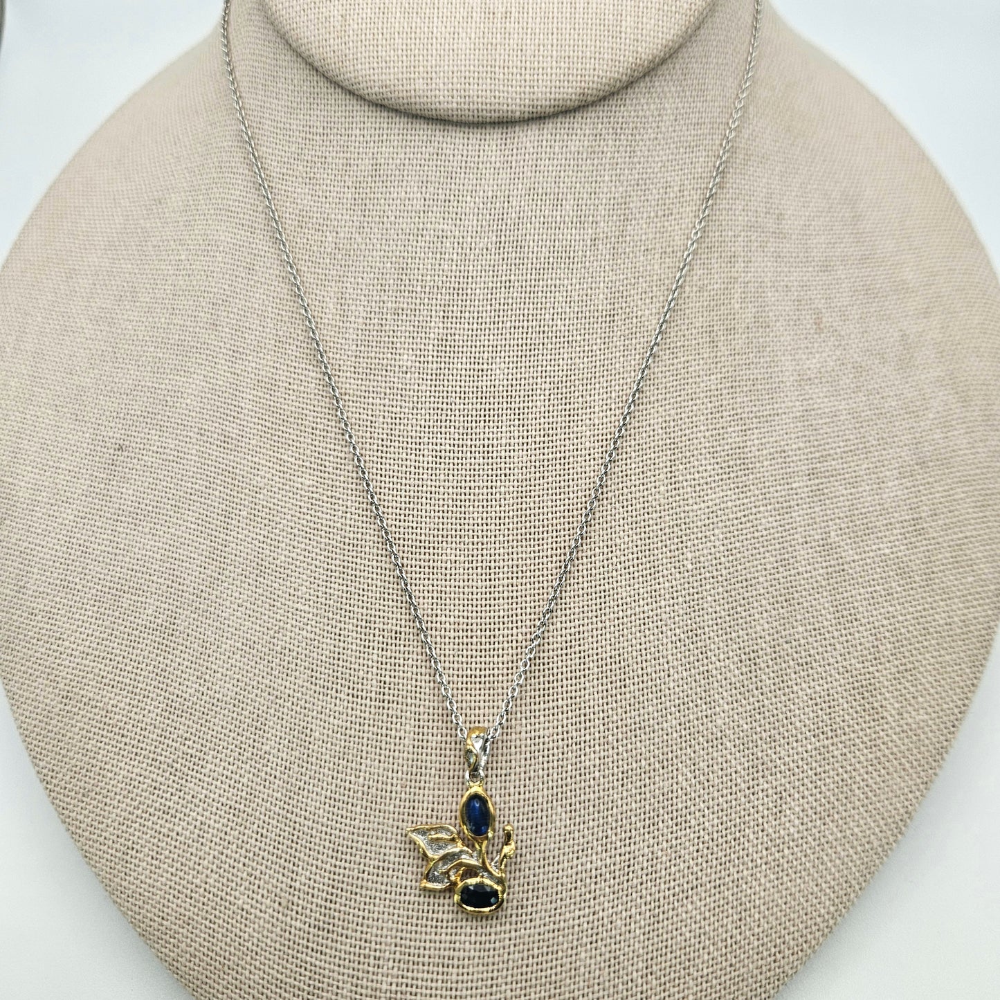 Sterling Silver Rhodium Yellow Gold Spectrolite Blue Sapphire Adjustable Necklace 21 inch.