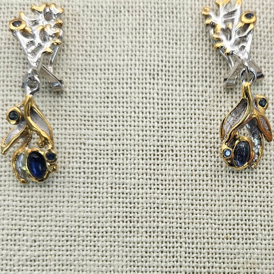 Sterling Silver Rhodium Yellow Gold Spectrolite Blue Sapphire Dangle Earrings.