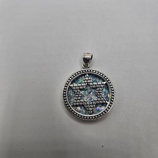 Sterling Silver Roman Glass Brick Star of David Pendant.