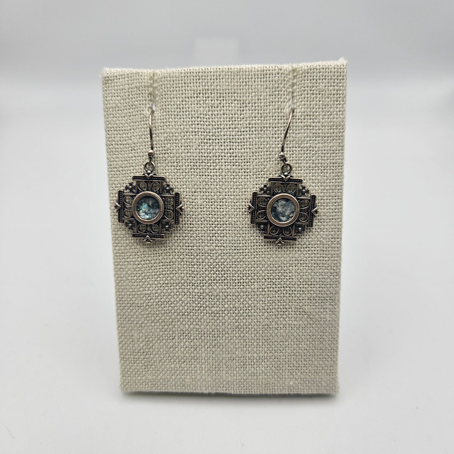 Sterling Silver Roman Glass Cross Dangle Earrings.