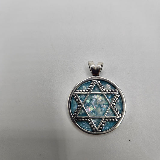 Sterling Silver Roman Glass Decorative Star of David Pendant.