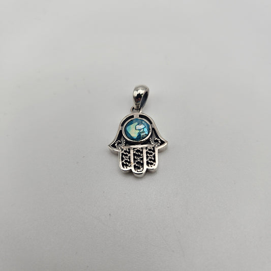 Sterling Silver Roman Glass Hamsa Round Pendant.