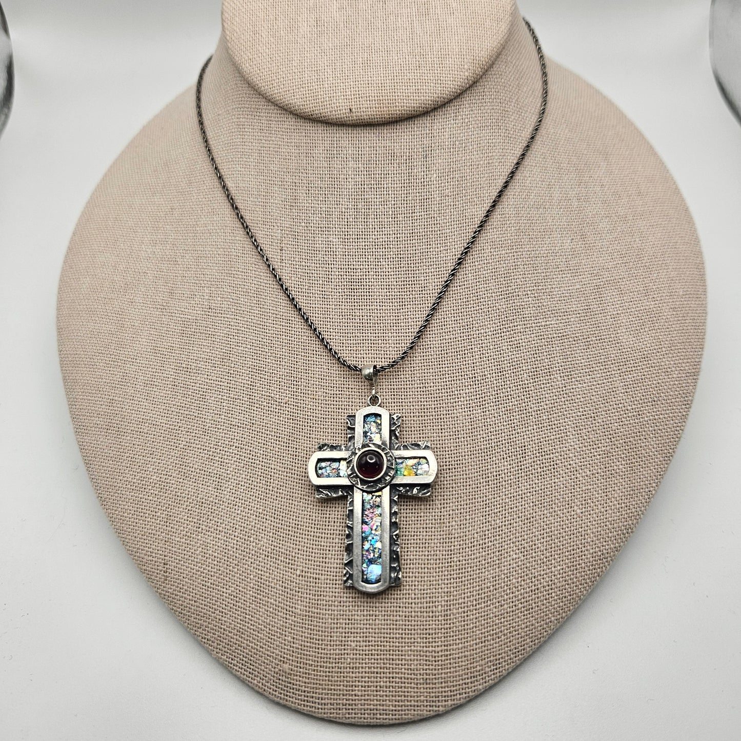 Sterling Silver Roman Glass Large Cross with Garnet Pendant with Chain.