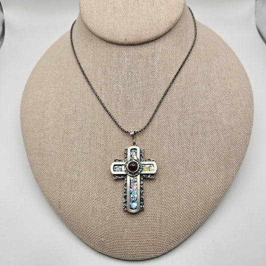 Sterling Silver Roman Glass Large Cross with Garnet Pendant with Chain.