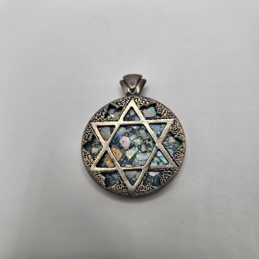 Sterling Silver Roman Glass Large Round Star of David Pendant.
