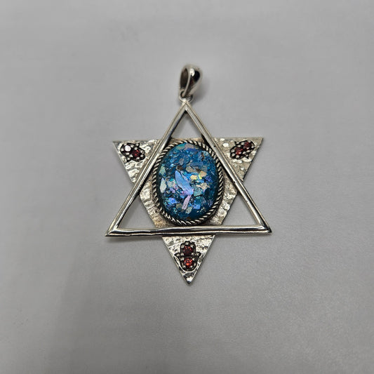 Sterling Silver Roman Glass Large Star of David with Garnet Pendant.
