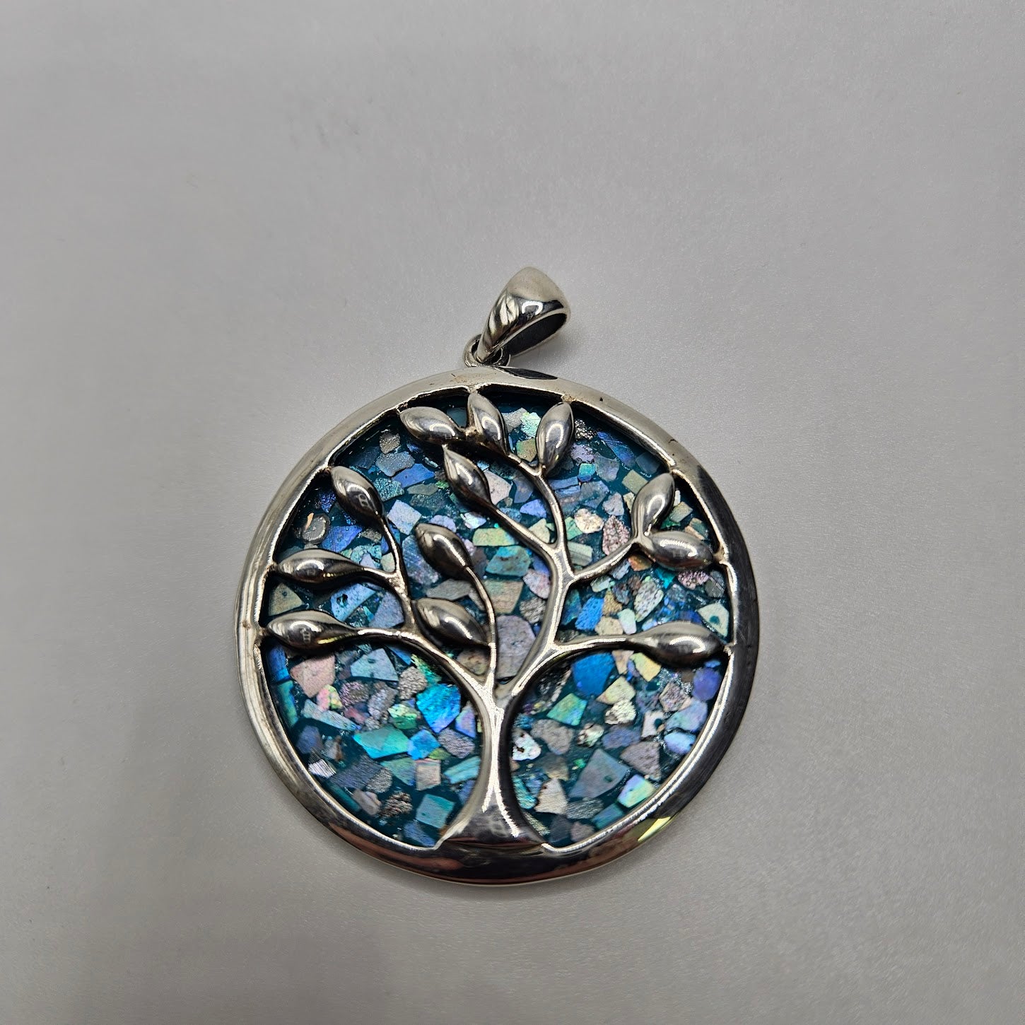 Sterling Silver Roman Glass Large Tree of Life Pendant.