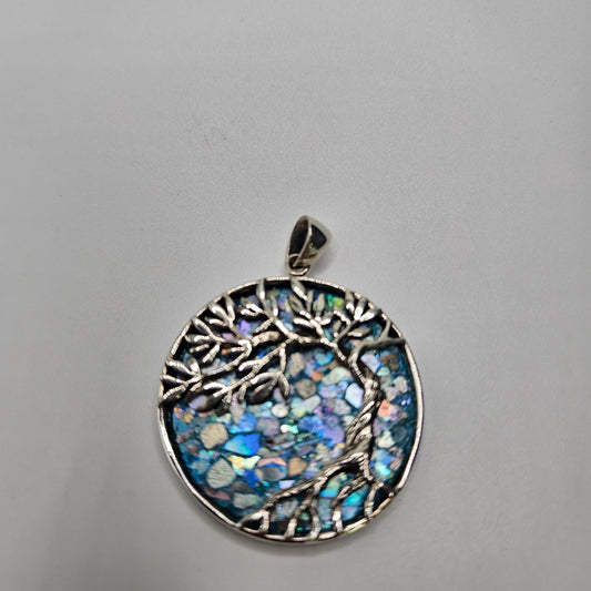 Sterling Silver Roman Glass Large Twisted Tree of Life Pendant.