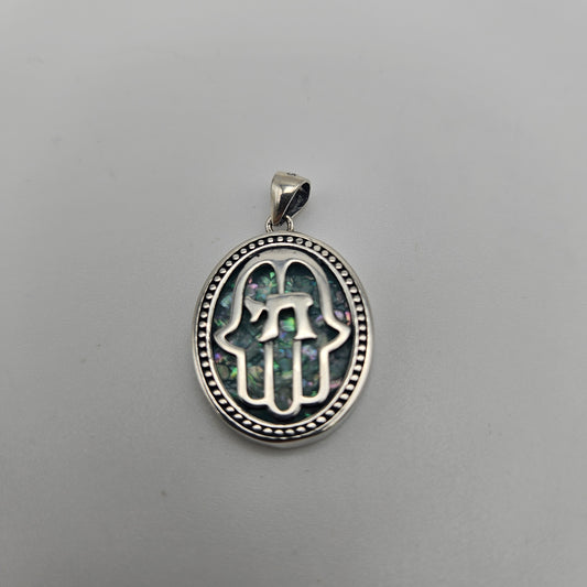 Sterling Silver Roman Glass Oval Hamsa Pendant.