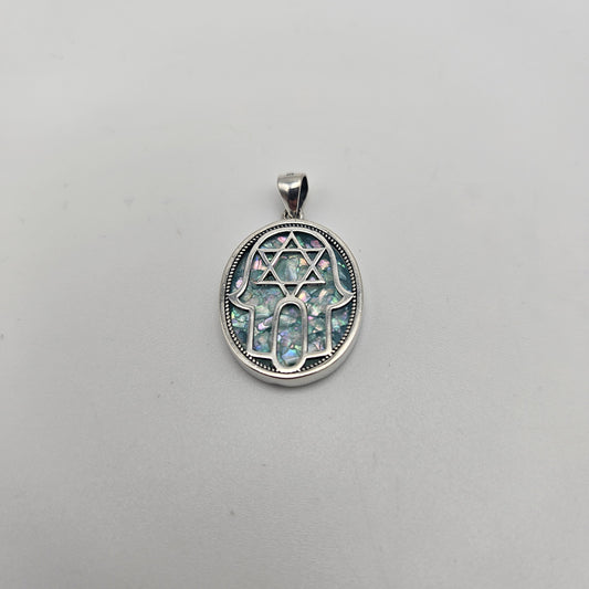 Sterling Silver Roman Glass Oval Hamsa with Star Pendant.