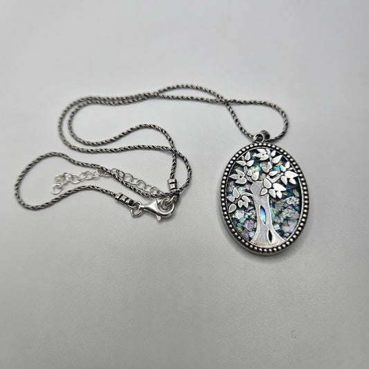 Sterling Silver Roman Glass Oval Tree of Life Pendant and Chain.
