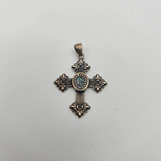 Sterling Silver Roman Glass Pointed Cross Pendant.