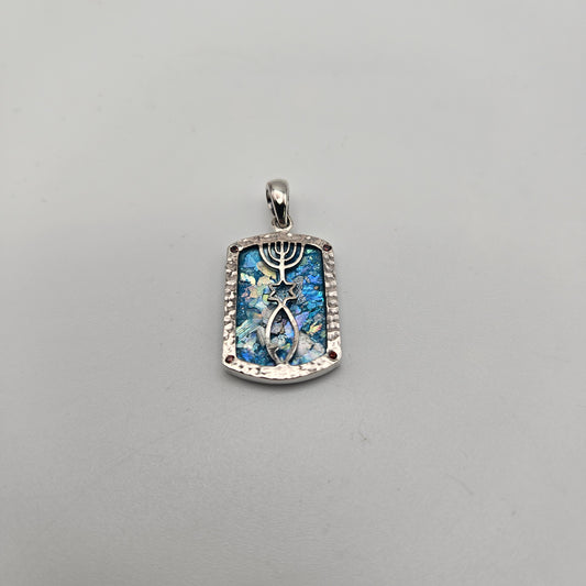 Sterling Silver Roman Glass Rectangle Menorah Pendant.