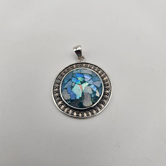 Sterling Silver Roman Glass Round Bezel Pendant.