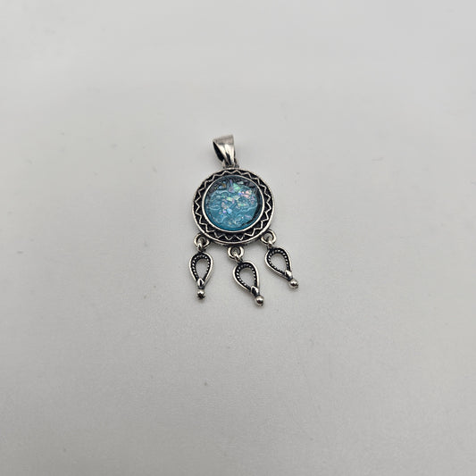 Sterling Silver Roman Glass Round Dangle Bezel Pendant.