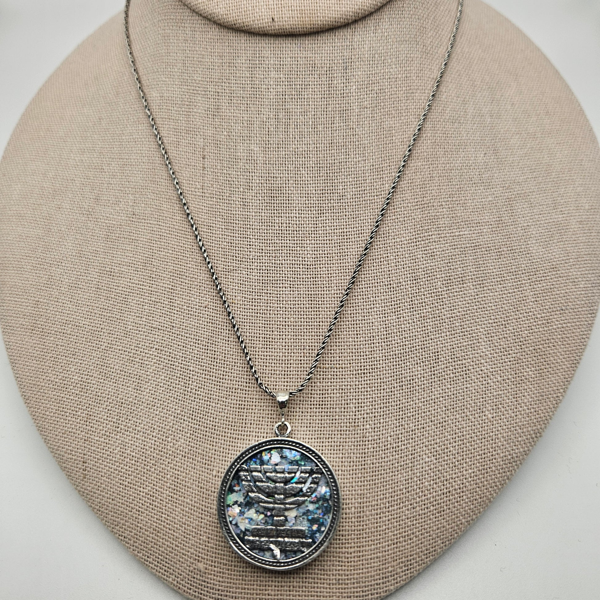 Sterling Silver Roman Glass Round Menorah Pendant with Chain.