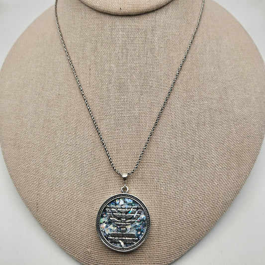 Sterling Silver Roman Glass Round Menorah Pendant with Chain.