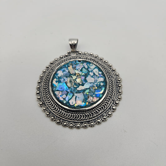 Sterling Silver Roman Glass Round Ornate Pendant.