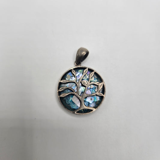 Sterling Silver Roman Glass Simple Tree of Life Pendant.